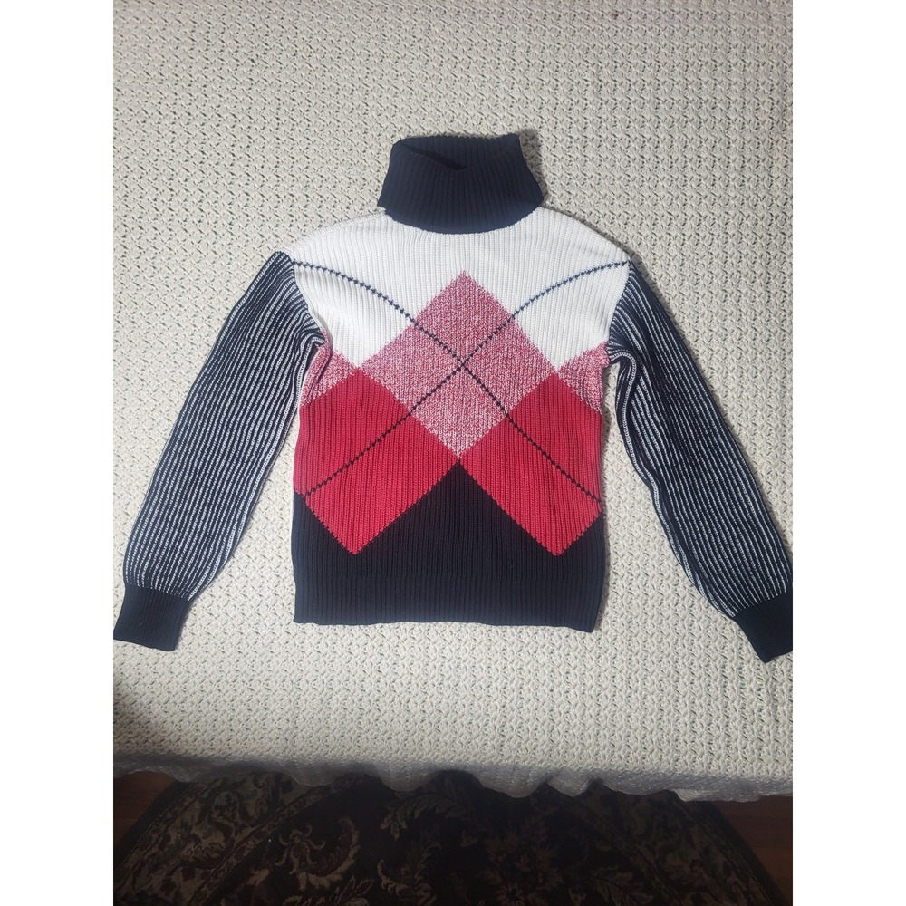 Tribal Turtleneck Sweater Womens XS Navy White Red Excellent Argyle Ribbed Knit